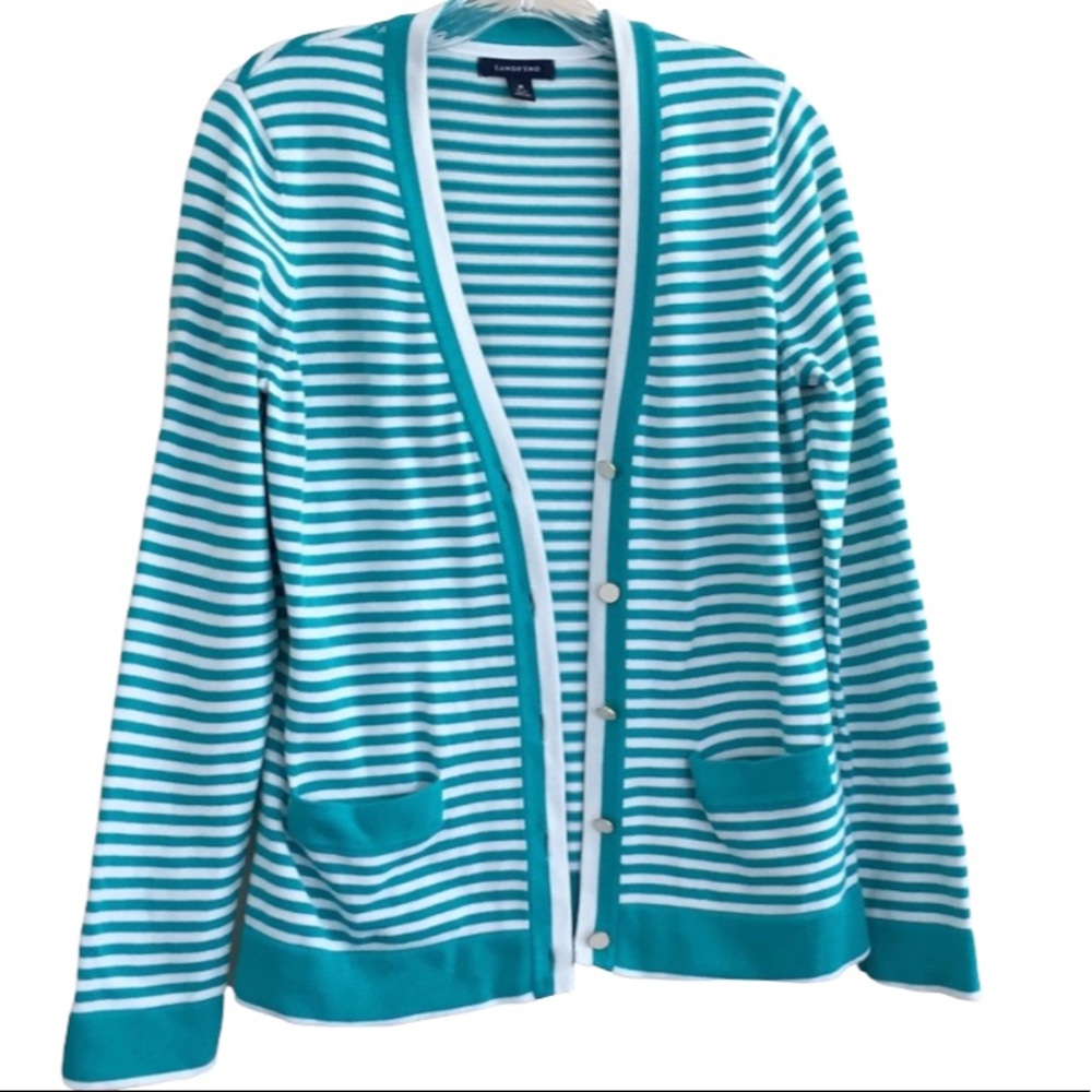 LANDS END Cardigan Green White Medium 10 -12 Nautical Stripe Coastal Grandmacore